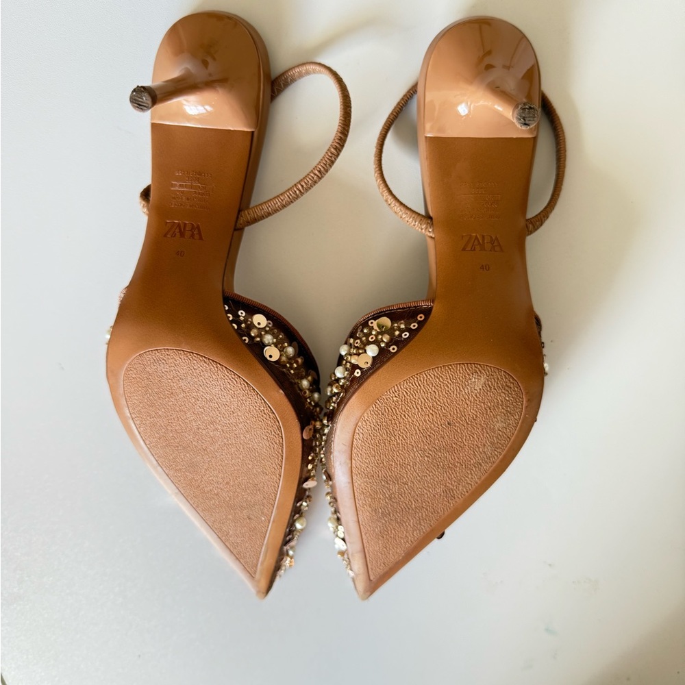 Zara Pearl Embellished Brown Pointed-Toe Slingback Heels - Picture 3 of 4